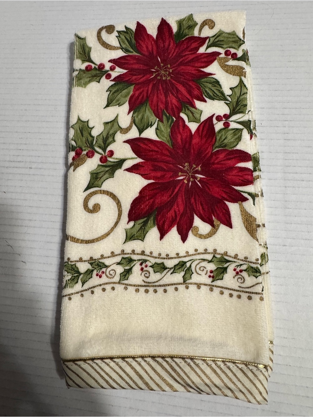 Holiday Poinsettia Kitchen Towel - Red Poinsettia on Cream